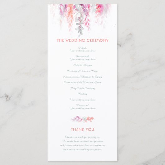 Programme Vignes mariages en cascade aquarelle corail rouge (Dos)