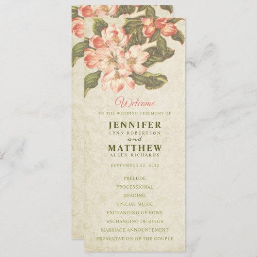 Programme vintage de mariage Apple Blossom (Devant / Derrière)