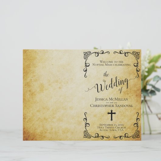 Programme vintage de mariage catholique parchemin (Debout devant)