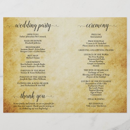 Programme vintage de mariage catholique parchemin (Dos)