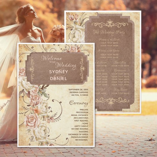 Programme vintage de mariage des Roses d'automne