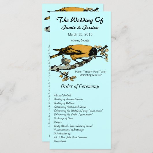 Programme vintage de mariage d'oiseaux (Devant / Derrière)