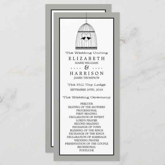 Programme vintage de mariage d'oiseaux cardiaques (Devant / Derrière)