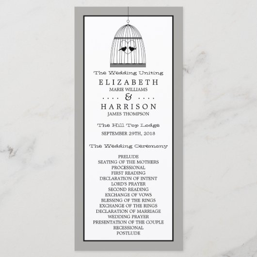 Programme vintage de mariage d'oiseaux cardiaques (Devant)