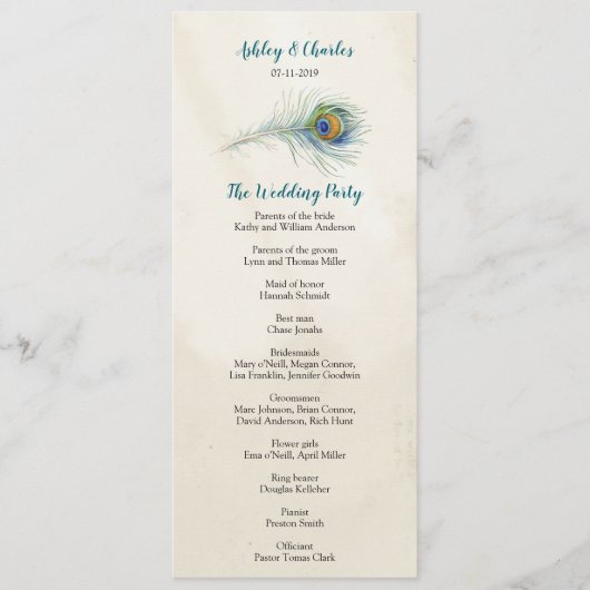 Programme Vintage Peacock Feather Elagant Mariage Turquoise (Devant)