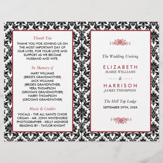 Programme vintage Red, Black & White Mariage damas (Devant)