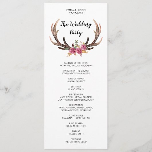 Programme Watercolor Deer Antlers Mariage campagnard bohème (Devant)