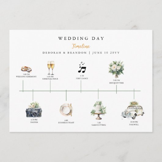 Programme Watercolor Illustrated Wedding day Timeline  (Devant)
