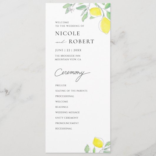 Programme Watercolor Lemons and Feuille Wedding Program (Devant)