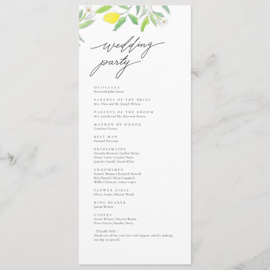 Programme Watercolor Lemons and Feuille Wedding Program (Dos)