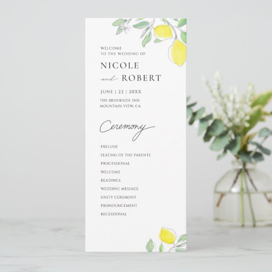 Programme Watercolor Lemons and Feuille Wedding Program (Debout devant)