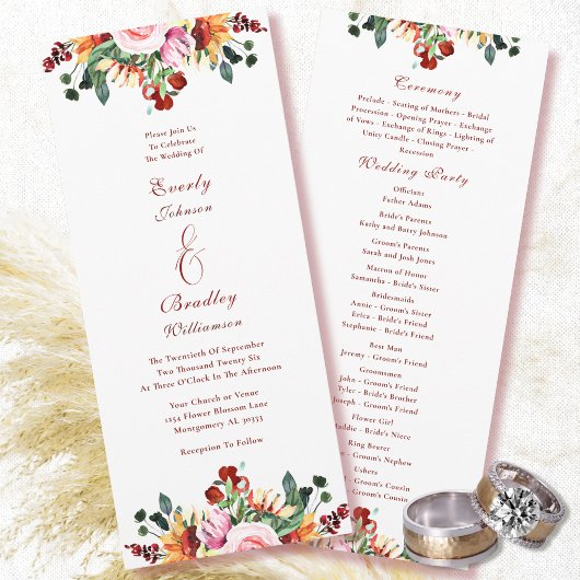 Programme Watercolor Rust Yellow Green Autumn Floral Wedding