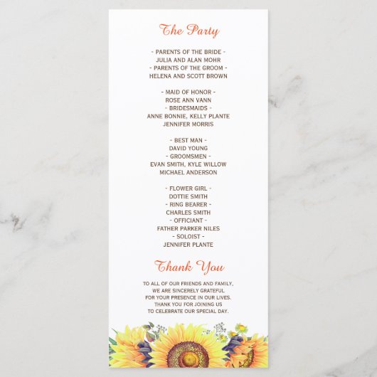 Programme Watercolor Sunflowers Rustic Chic Wedding Programm (Dos)