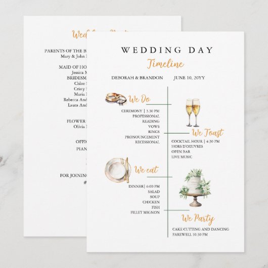 Programme Watercolor Wedding day Timeline Flat Program (Devant / Derrière)