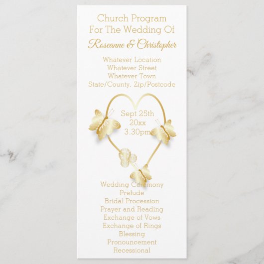 Programme Wedding Program Gold Coloured Heart Butterfly (Devant)