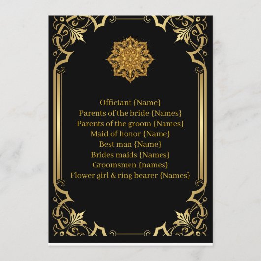 Programme Wedding Program Mandala Luxury Black and Gold  (Devant)