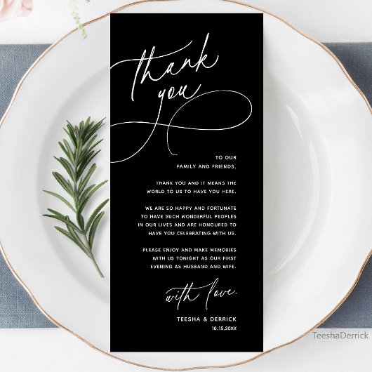 Programme Wedding Table Thank You Elegant Reception Card