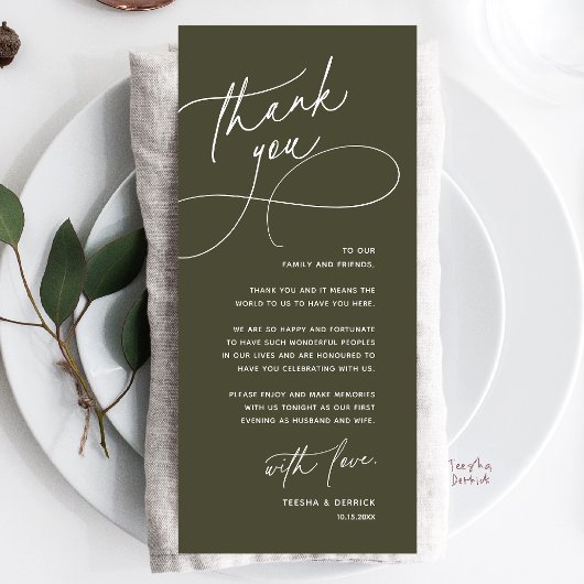 Programme Wedding Table Thank You Elegant Reception Card