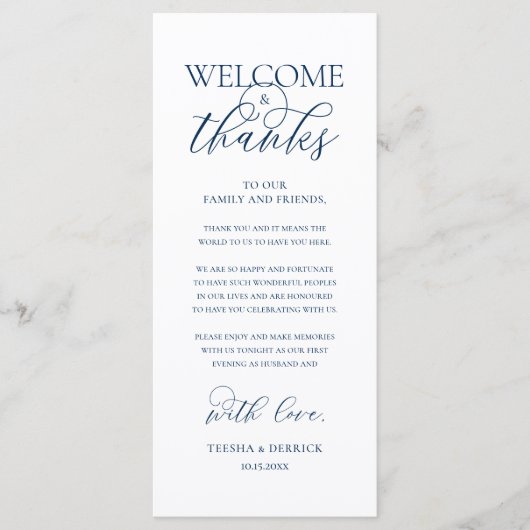 Programme "Welcome and Thanks" Elegant Reception Guest Card (Devant)