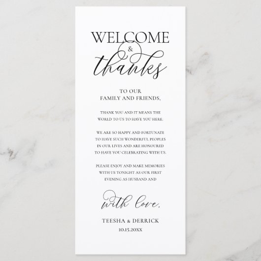 Programme "Welcome and Thanks" Elegant Reception Guest Card (Devant)