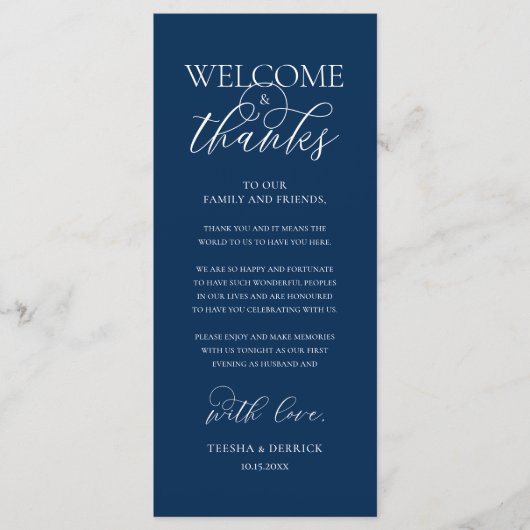 Programme "Welcome and Thanks" Elegant Reception Guest Card (Devant)