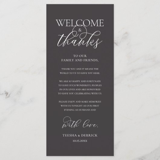 Programme "Welcome and Thanks" Elegant Reception Guest Card (Devant)