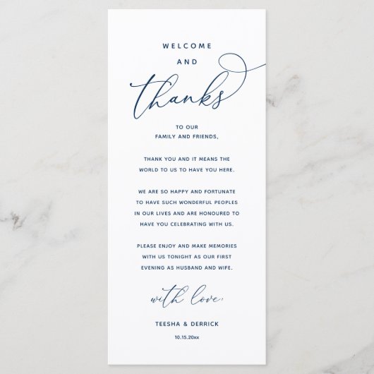 Programme "Welcome and Thanks" Elegant Reception Guest Card (Devant)
