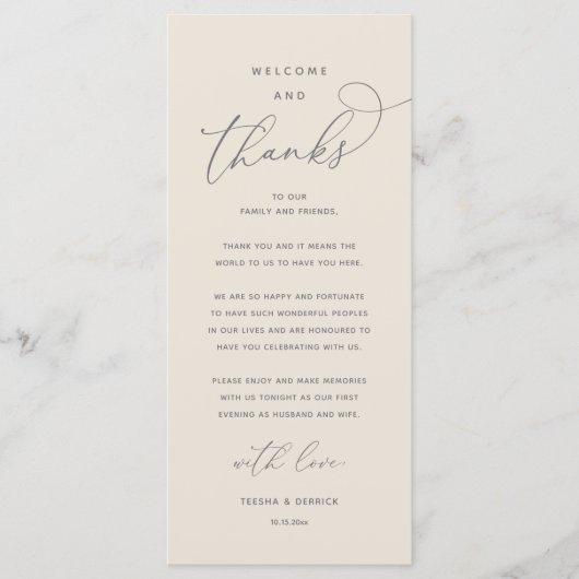 Programme "Welcome and Thanks" Elegant Reception Guest Card (Devant)