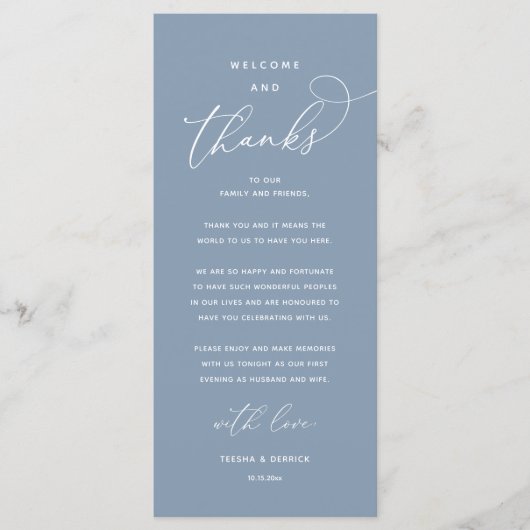 Programme "Welcome and Thanks" Elegant Reception Guest Card (Devant)