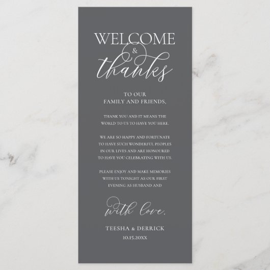 Programme "Welcome and Thanks" Elegant Reception Guest Card (Devant)