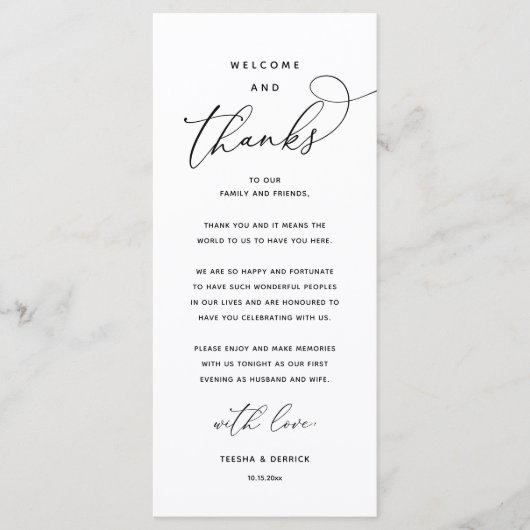 Programme "Welcome and Thanks" Elegant Reception Guest Card (Devant)