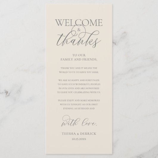 Programme "Welcome and Thanks" Elegant Reception Guest Card (Devant)
