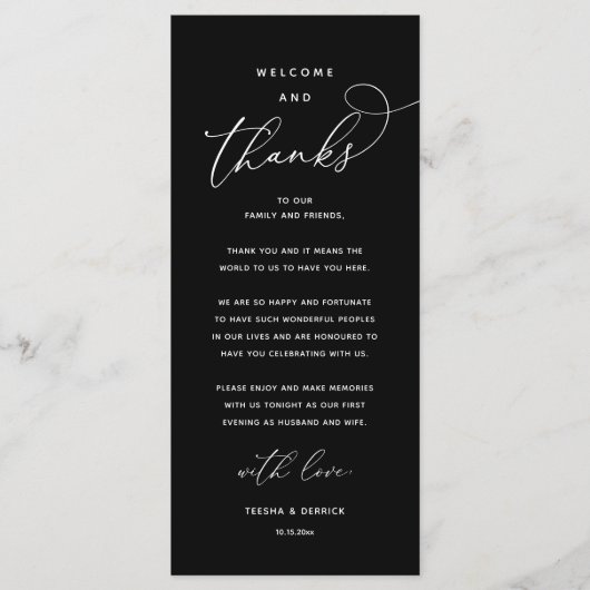 Programme "Welcome and Thanks" Elegant Reception Guest Card (Devant)