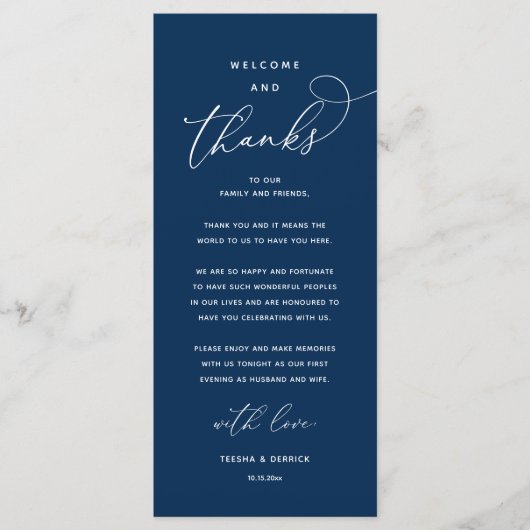 Programme "Welcome and Thanks" Elegant Reception Guest Card (Devant)