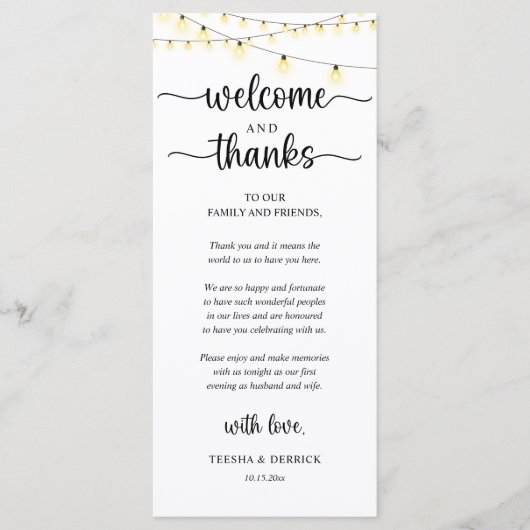 Programme "Welcome and Thanks" Rustic Reception Guest Card (Devant)