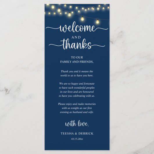 Programme "Welcome and Thanks" Rustic Reception Guest Card (Devant)