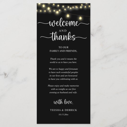 Programme "Welcome and Thanks" Rustic Reception Guest Card (Devant)