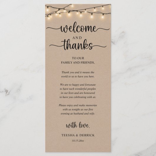 Programme "Welcome and Thanks" Rustic Reception Guest Card (Devant)