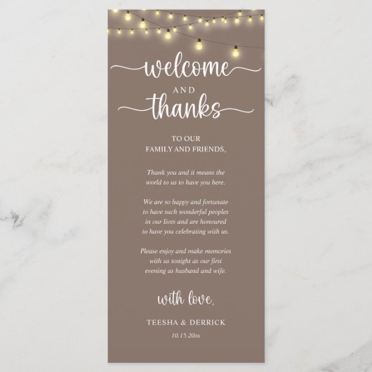 Programme "Welcome and Thanks" Rustic Reception Guest Card (Devant)