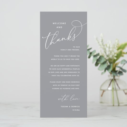 Programme Welcome and Thanks, Wedding Dinner Thank You Card (Debout devant)