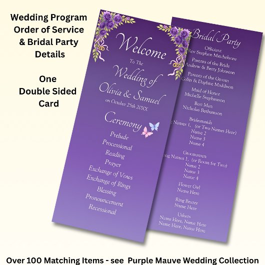 Programme Welcome to Wedding Ceremony, Purple Mauve Flowers 