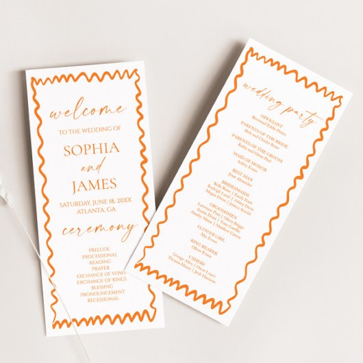 Programme Whimsical Citrus Orange Wavy Border Wedding