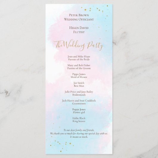 Programme Whimsical Pink Blue Aquarelles Mariage pastel (Dos)