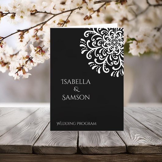Programme Whimsical White On Black Flourish Wedding Programm