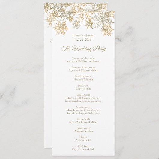 Programme Winter Wonderland Gold Snowflakes Mariage (Devant / Derrière)