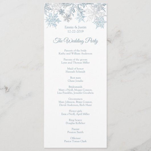 Programme Winter Wonderland Silver Blue Snowflakes Mariage (Devant)