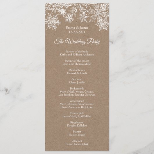 Programme Winter Wonderland White & Kraft Snowflakes Mariage (Devant)