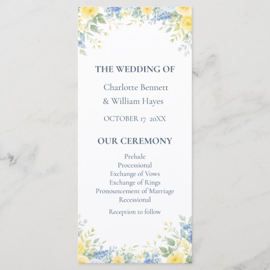 Programme Yellow Blue Watercolor Floral Wedding Program (Devant)