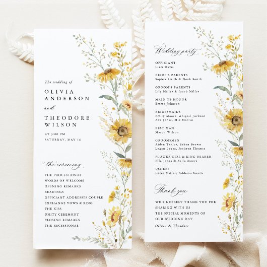 Programme Yellow Wildflower Sunflower Wedding Ceremony
