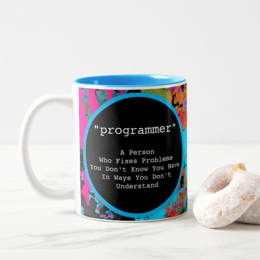 Programmeercoder Colorful Splatter Abstracte Art Tweekleurige Koffiemok (Met donut)